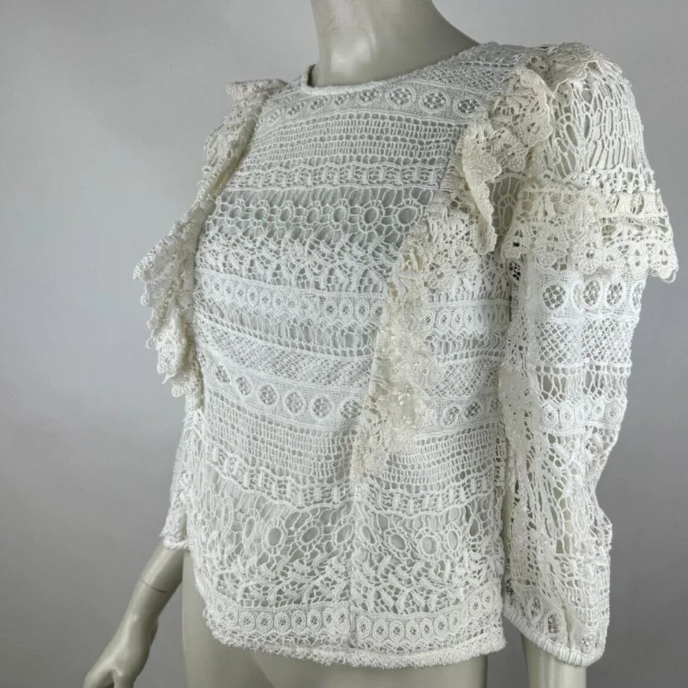 Anthropologie Seen Serena Lace Ruffle Blouse Top Women S 3/4 Sleeve Lined Cotton